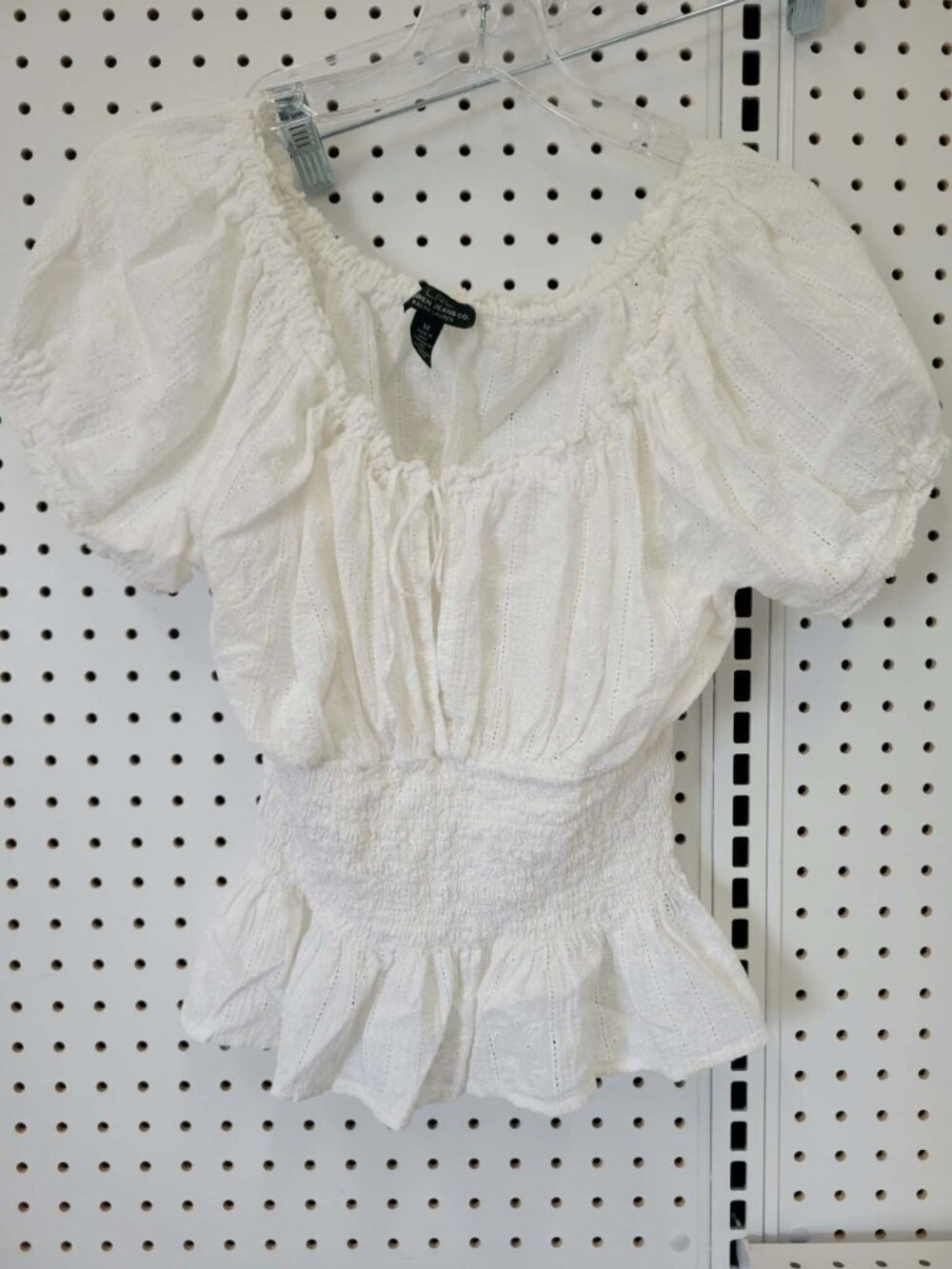 Lauren Ralph Lauren White Eyelet Peplum Blouse With Puff Sleeves Smocked Waist A
